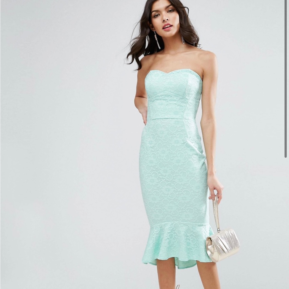 Mint strapless bandeau peplum midi dress